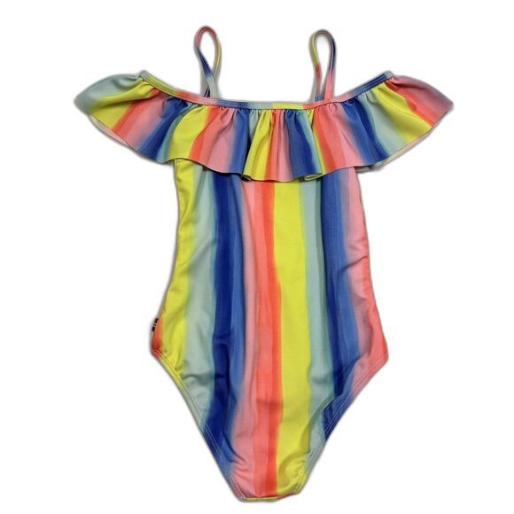 Nautica Girls 7 SM One Piece Swimsuit Neon Rainbow Stripe UV Protection Ruffle - Picture 2 of 7